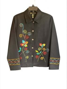 Vintage Mirasol Women's Embroidered Floral Western Boho Jacket Black Size L